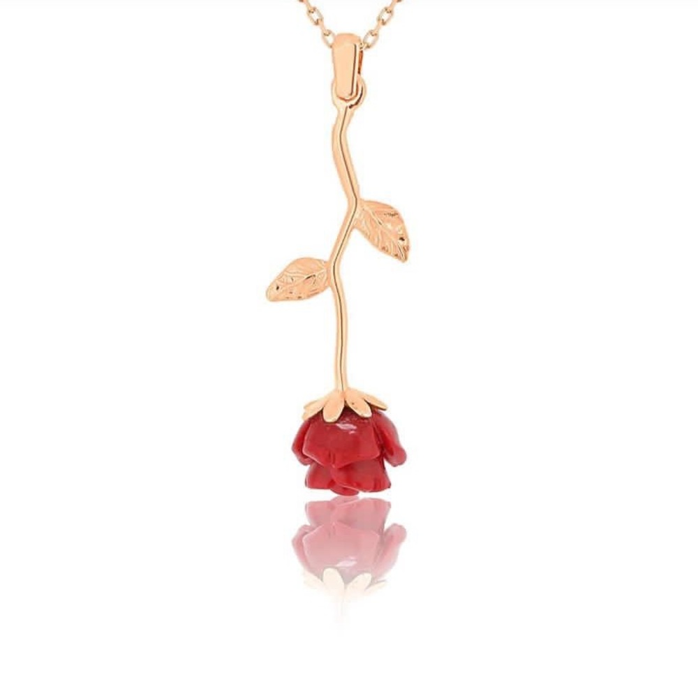 New 925 Sterling Silver Necklace with Red Rose Motifs